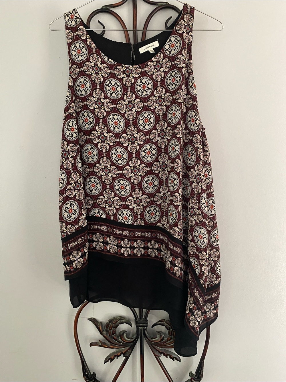 Max Studio Burgundy and Black Printed Sleeveless Tunic
